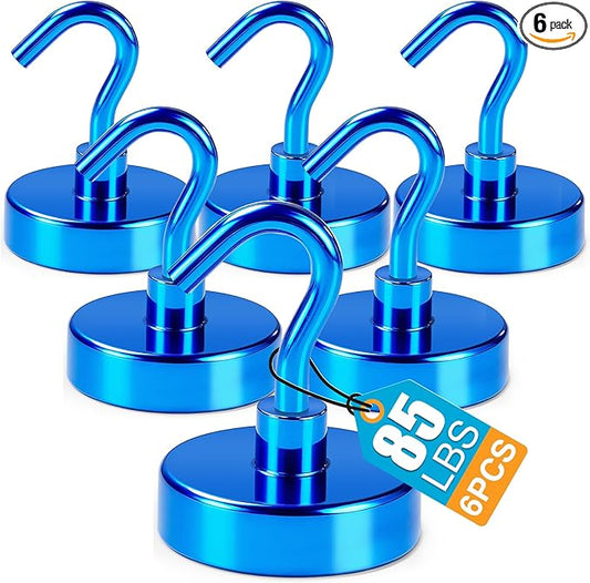 LOVIMAG 6 Pack 85LB Magnetic Hooks, Strong Cabin Ship Essentials Hook Heavy Duty Refrigerator Fridge Magnets Hanging for Classroom Beach Vacation Kitchen Grills Home Blue