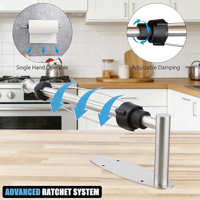 Single Hand Operable Paper Towel Holder Under Cabinet with Damping Effect, Self Adhesive Paper Towel Roll Holder Wall Mounted for Kitchen Bathroom, SUS304 Stainless Steel Brushed Nickel