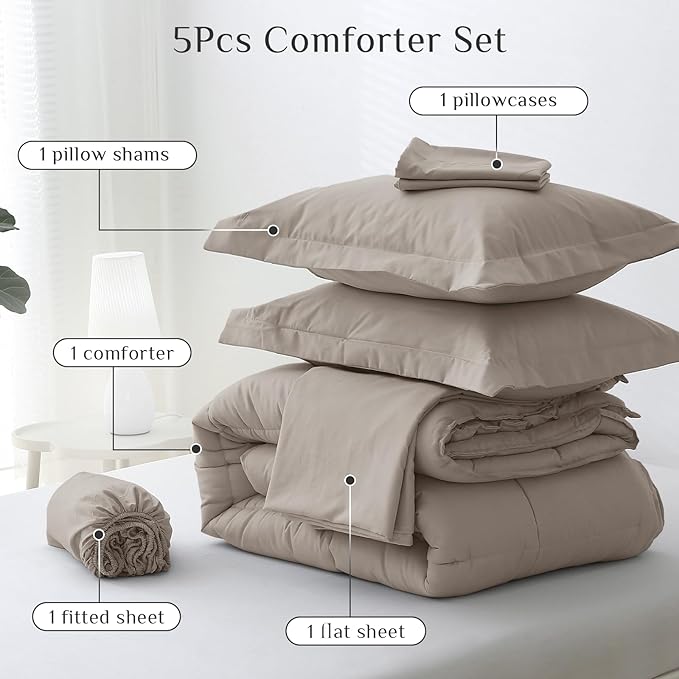 JOLLYVOGUE Twin Comforter Set, Ultra-Soft Bed in a Bag Twin Size 5 Pieces, Oeko-TEX Certified Bedding Set with Down Alternative Comforter, Sheets, Pillowcases & Shams, Khaki