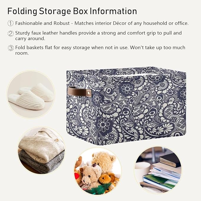 Decorative Storage Basket, Canvas Collapsible Box with Leather Handles, Navy Floral Pattern, 14.2x10.2x8.3 Inches, Rectangular Container for Bedroom Storage