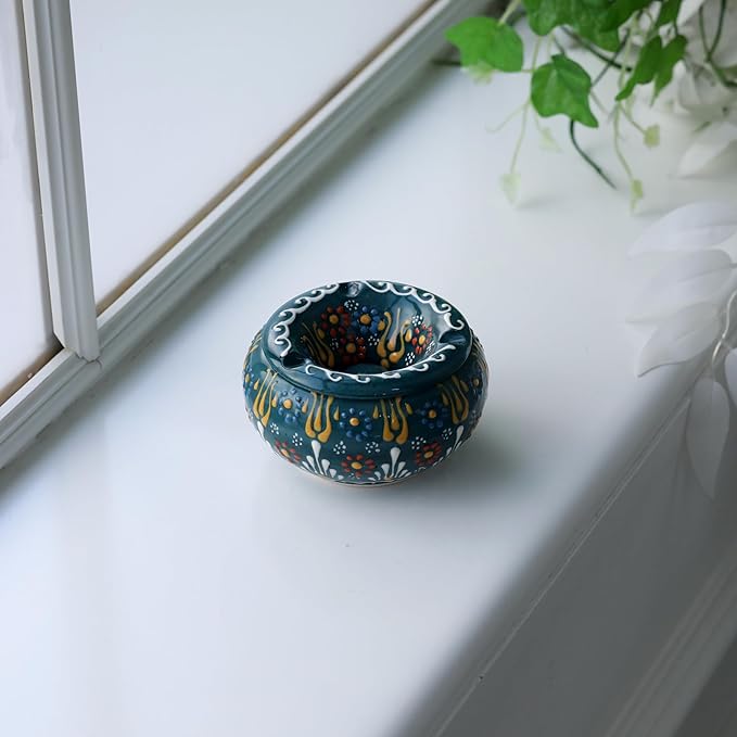 Decorative Ceramic Jar-Colorful Decorative Jar with Lid-Handmade Small Decorative Jar-Windproof Unique Jars-Turkish Home Decor (Dark Green)