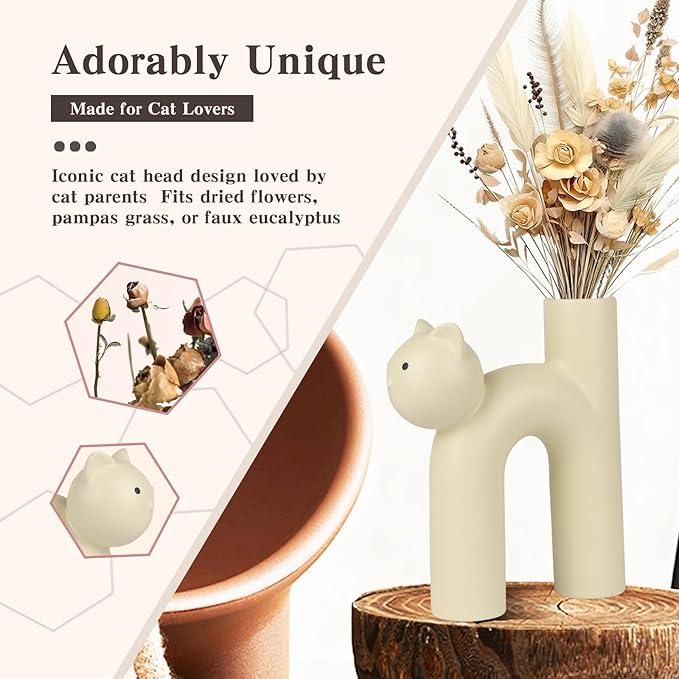 Cat Vase for Flowers, Ceramic Cat Decor for Home, Minimalist Flower Vase for Dried Flowers & Pampas Grass, Cat Lover Gifts for Women, Cat Mom Gifts, Cute Desk & Shelf Decor, Creamy Beige