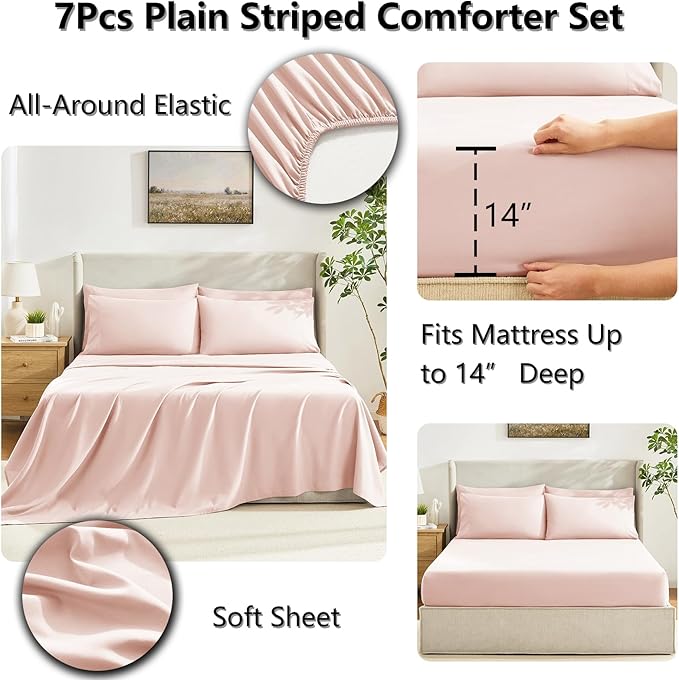 CozyLux Oversized King Comforter Sets Blush Pink, 7 Pieces Bed in a Bag, Ultra-Soft All Season Bedding Sets with Stitch Quilted Comforter, Flat Sheet, Fitted Sheet, Pillowcases