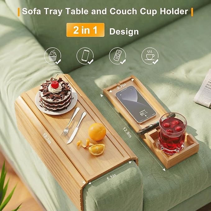 Bamboo Sofa Armrest Tray, 2-in-1 Bamboo Couch Arm Tray with Detachable Cup Holder, Foldable Non-Slip Sofa Armrest Table for Drinks, Phone, Remote & Snacks
