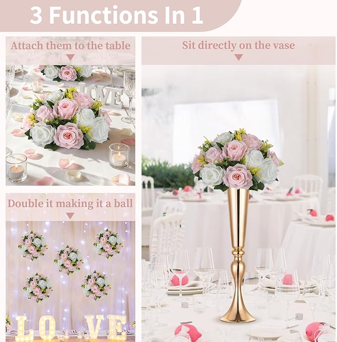 NUPTIO Flower Ball Centerpieces for Tables: 6 Pcs Artificial Pink & White Rose Arrangements for Wedding Centerpiece - Faux Silk Floral Kissing Balls for Home Gender Reveal Party Mother's Day Decor