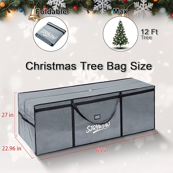 Extra Large Christmas Tree Storage Bag 12 ft, Heavy Duty with Built-in Zip Mesh Pockets & Reinforced Handles - Dual Zippers Wide Opening PE Storage Bag for Artificial Xmas Trees (Grey)