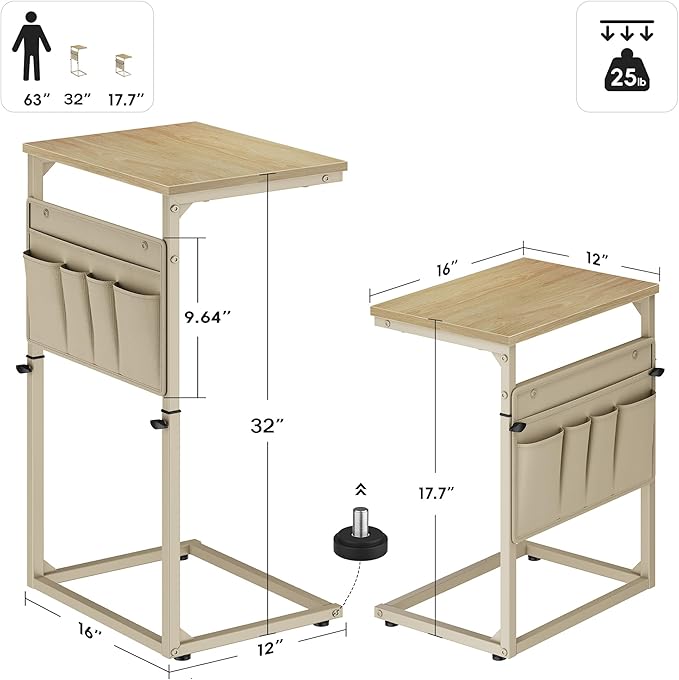 Vagusicc C Shaped End Table, 32'' Tall Side Table for Couch, Adjustable Height Small Couch Side Table for Small Spaces, End Table Slide Under Sofa Table TV Tray Table Arm Table for Living Room