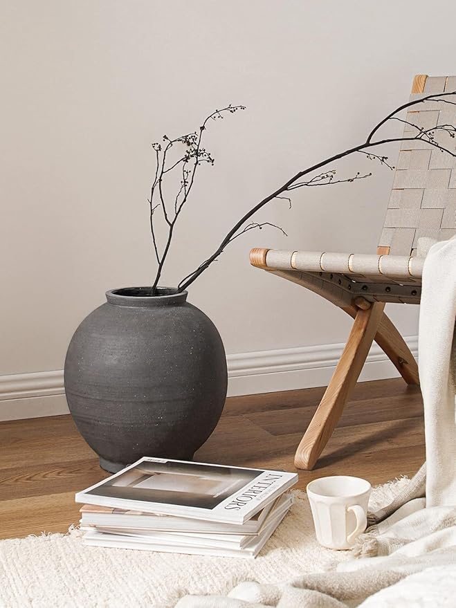Black Ceramic Vase - Large 12.5 Inch Round Floor Vase for Centerpieces, Farmhouse Flower Vases, Rustic Minimalist Home Decor (Sandstone Black)