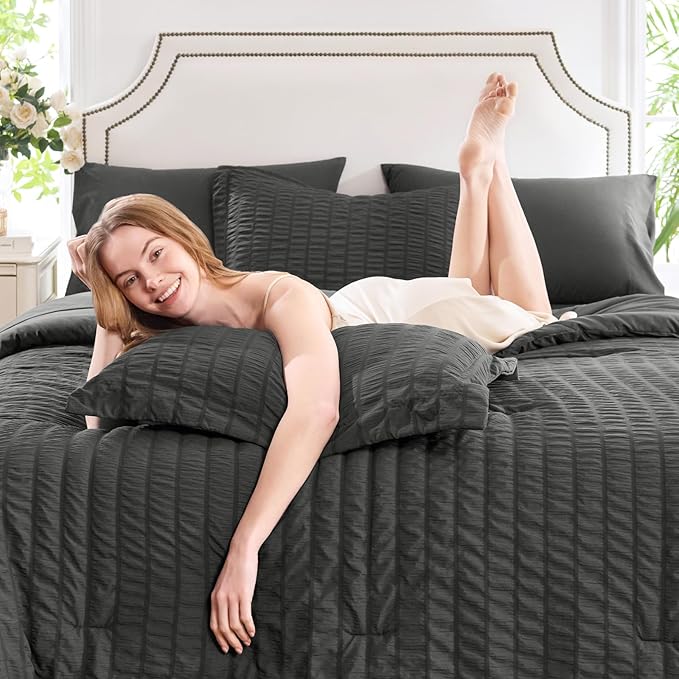 CozyLux California King Comforter Set with Sheets 7 Pieces, Dark Grey Seersucker Bed in a Bag Cal King Luxury Soft Bedding Sets with Down Alternative Comforter, Sheets, Pillowcases & Shams, Dark Gray