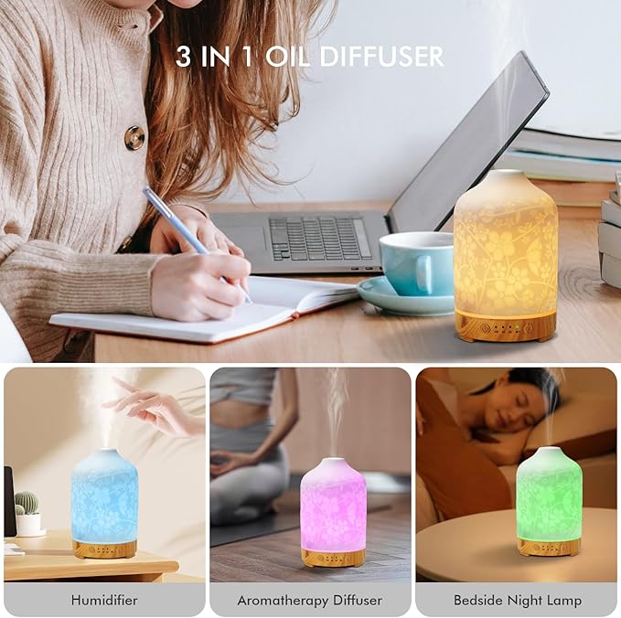 Essential Oil Diffuser Ceramic Diffuser -Aromatherapy Diffuser for Essential Oils with Timer and 7 Colors LED Light Ultrasonic Diffuser with Auto Shut-Off, Home Office Decor&Gift (Blossom-150ml)