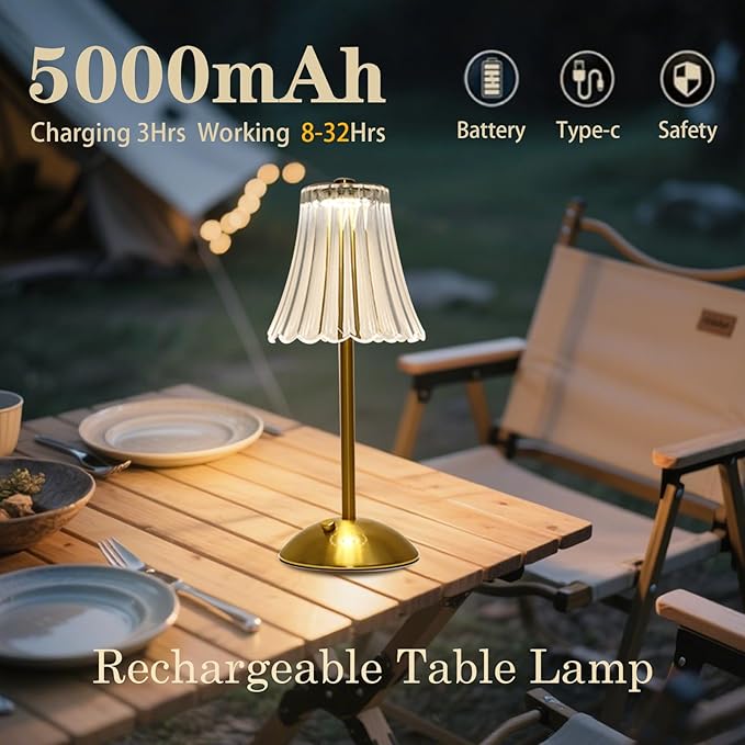Crystal Table Lamp, 5000mAh Rechargeable Lamp with Touch Control, 3 Color Temperatures, Dimmable Brightness, Matte Aluminum Light for Bedroom/Bar/Kitchen/Outdoor (Retro Golden, Large-2Pc)