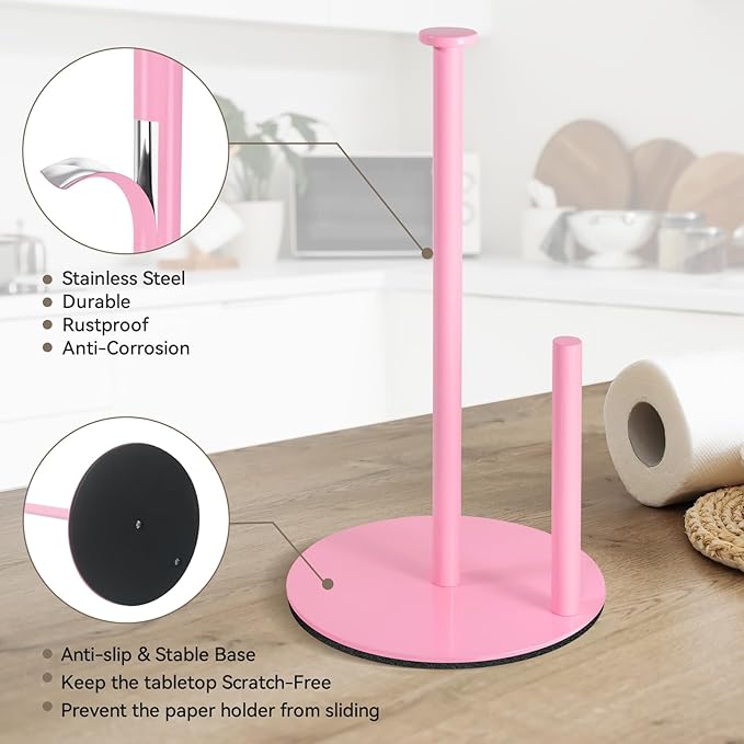 Pink Paper Towel Holder, Paper Towel Holder Countertop with Anti Slip Weighted Base, Stainless Steel Freestanding Paper Towel Holders for Kitchen