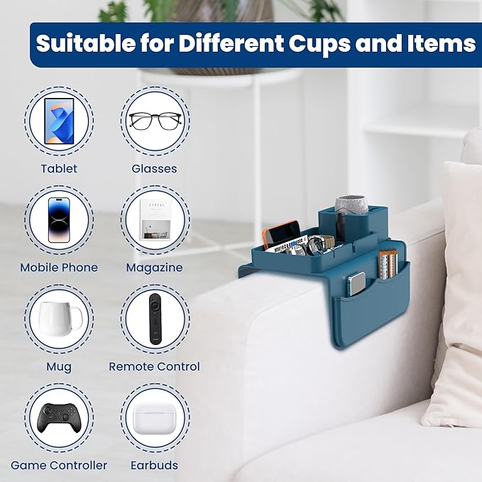 ENNVA Couch Arm Cup Holder Tray, Silicone Anti-Slip Sofa Armrest Table with Dual Side Storage Pockets, Drink Holder, Phone Stand & Remote Organizer, Couch Caddy for Wide Armrest (Blue)