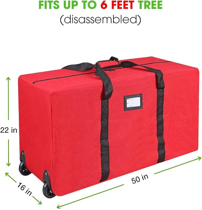 Primode Christmas Rolling Tree Storage Bag, Fits Up to 7.5 Ft. Tall Disassembled Holiday Trees, 22" H X 16" W X 50" L, Large Heavy Duty Storage Container with 2 Wheels and Handles (Red)