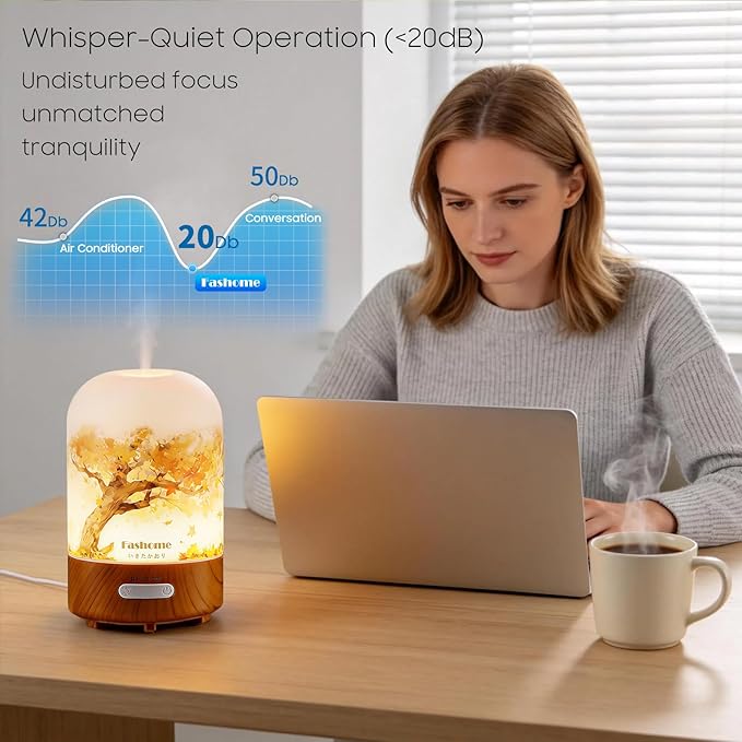 Essential Oil Diffuser, Hand Blown Glass Aromatherapy Diffuser, Ultrasonic Cool Mist Scent Aroma Humidifier, Diffuser Oil Machine Whisper Quiet with Auto Shut-Off for Home Bedroom Office(<25dB)