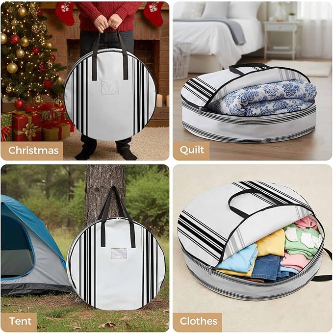Storage Bag Black White Striped Round Storage Totes Bins Closet Organizers with Zippers & Handle Farmhouse Striped Clothes Storage Container for Bedroom Dorm Space Saving Packing Supplies Moving Bags