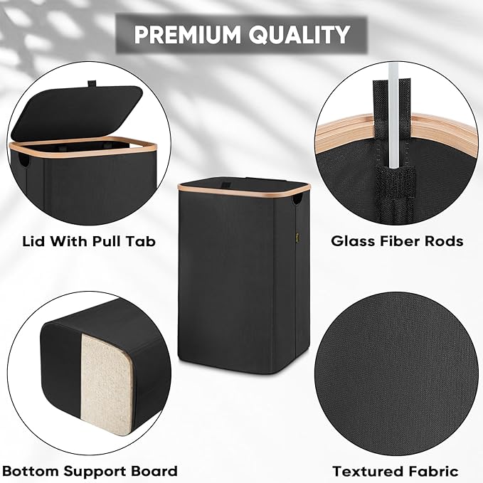 BALEINE Laundry Hamper with Lid, Tall Laundry Baskets with Bamboo Pull Handles, Large Laundry Bin with Internal Support (26Gal/100L, Carbon Black)