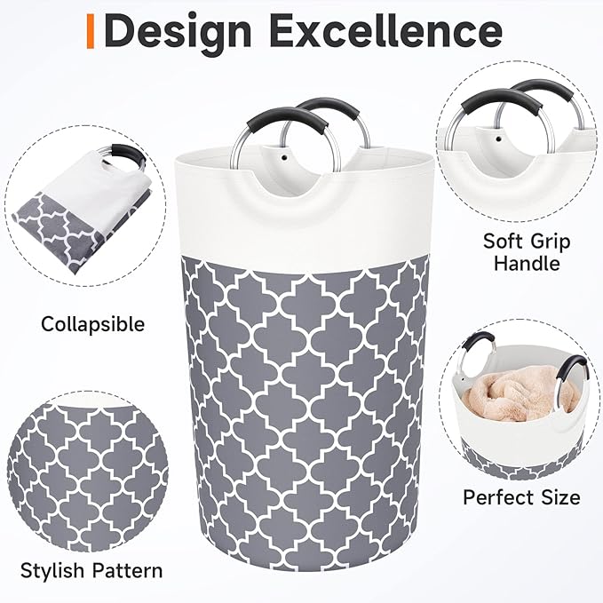Fabspace Large Laundry Basket Laundry Hamper Bag Washing Bin Clothes Bag Collapsible Tall with Handles Waterproof Travel Bathroom College Essentials Storage for College Dorm, Family (Grey) 82L