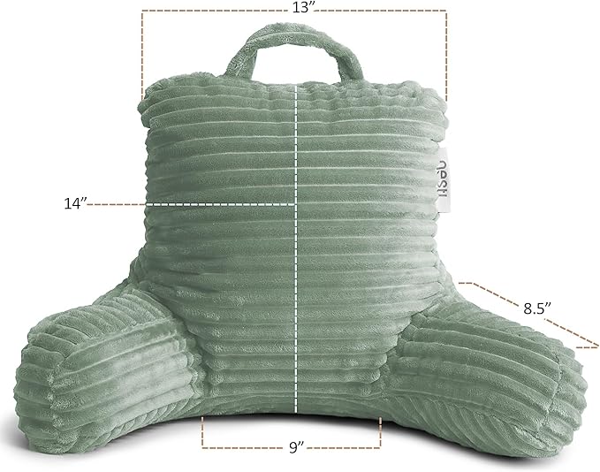 Nestl Sage Green Reading Pillow with Bed Desk for Laptop and Writing, Luxe Cut Plush Back Pillow for Sitting Up, Back and Arms Adjustable Support for Kids and Teens, Foldable Lap Desk for Bed 19x11”