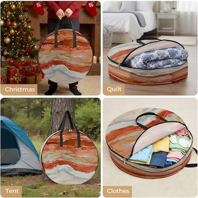 Abstract Orange Round Storage Bag 30 Inch, Gradient Beach Ocean Wave Oil Painting Clothes Storage Container with Handles Heavy Duty Organizer for Comforter, Bedding & Holiday Wreaths