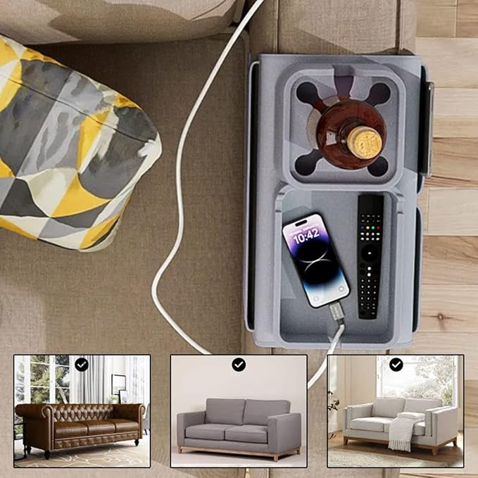 S V Adjustable Couch Armrest Tray with Cup Holder & Storage Pockets Non Slip Sofa Organizer for Drinks Phone Remote