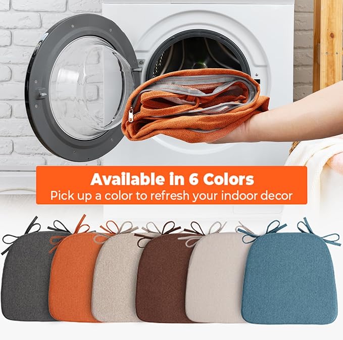 Sunsleek Chair Cushions for Dining Chairs, D-Shaped Seat Cushions with Removable Washable Cover and Ties, Chair Pads for Kitchen, Indoor Dining Room, Patio Chairs, 17'' x 16'', Set of 4, Orange