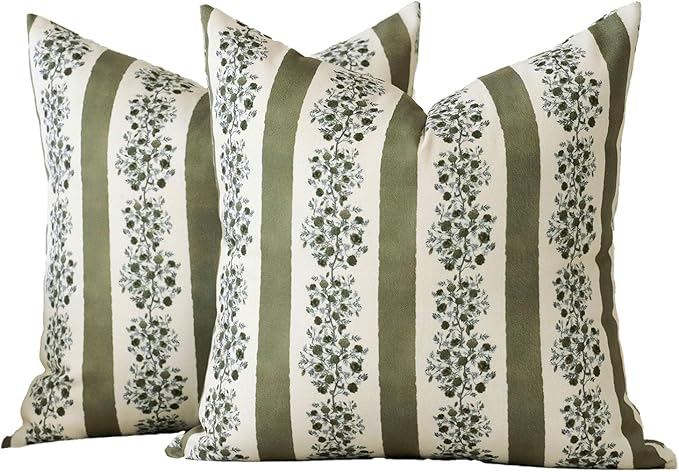 DOMVITUS Floral Throw Pillow Covers 18x18 Inch Set of 2, Block Print Decorative Pillow Covers Vintage Striped Neutral Farmhouse Boho Home Decor for Couch Sofa Bed Living Room, Green