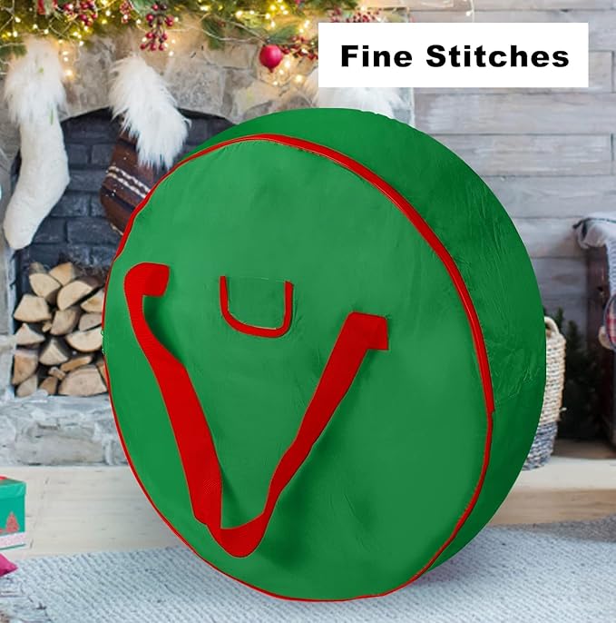 TQS 25" Christmas Wreath Storage Bag - Christmas Large Wreath Container - Reinforced Wide Heavy Duty Handle and Double Sleek Zipper -Protect Your Party Decorations Garland Storage Cover - Green