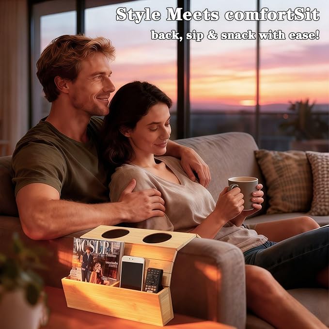 Bamboo Sofa Armrest Tray Foldable Couch Arm Tray Non Slip Sofa Armrest Table with Cork Coasters Color Natural Couch Armrest Organizer for Drinks Mobile Phone TV Remote Control Snacks