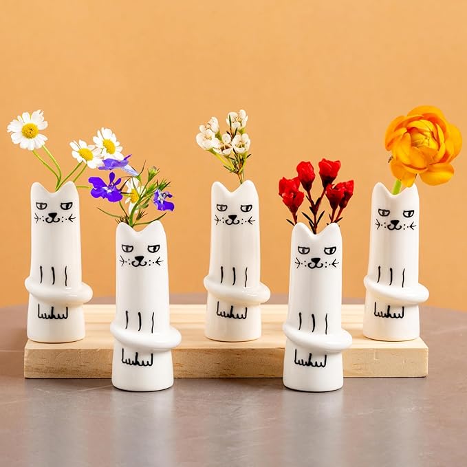 MOUGIGI Set of 5 Cat Flower Vase Bud Ceramic Small Cute Mini Handmade Decor - Unique Modern Tiny Wedding Party Birthday Gift - Bulk Trendy Pretty Little Vases