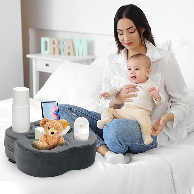 Couch Cup Holder | Sofa Cup Holder Pillow Drink Tray Organizer for Drinks, Remotes, Phones, Snacks (Grey, 12 * 12 * 3.7 Inch)