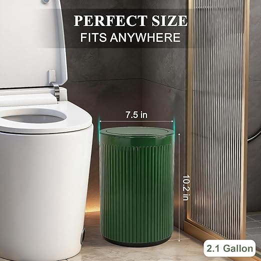 JiatuA Small Bathroom Trash Can with Lid, 2.1 Gallon Garbage Can with Pop-Up Lid Trash Bin Round Wastebasket for Kitchen Bedroom Office Living Room Toilet College Dorm, Green