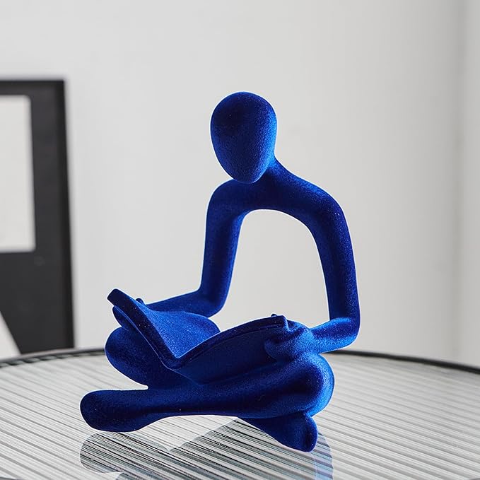 Navy Blue Reading Statue Decor, Modern Abstract Thinker Sculptures Decorations for Living Room, Flocked Figurine for Dining Room Office TV Stand Shelf Coffee Table Decoration, Gifts for Women