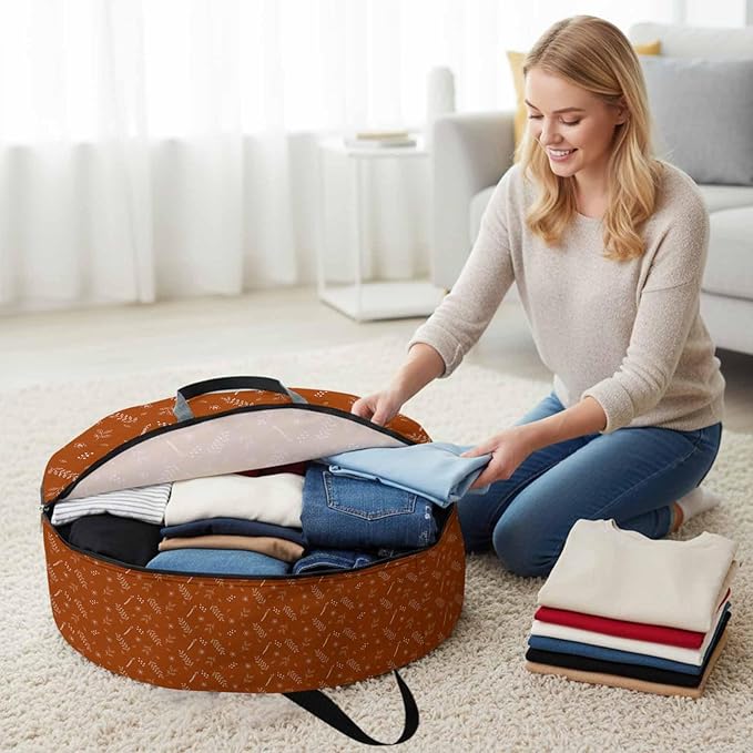 Storage Bag Orange Wheat Ear Round Storage Totes Bins Closet Organizers with Zippers & Handle Floral Leaf Plant Clothes Storage Container for Bedroom Dorm Space Saving Packing Supplies Moving Bags