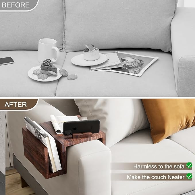 Couch Arm Table Tray with 360° Phone Holder Side Storage Pocket 3 in 1 Couch Armrest Table Wooden Clip-On Sofa Arm Tray Table for Living Room TV Dinners Eating Drinks Snacks (Brown)