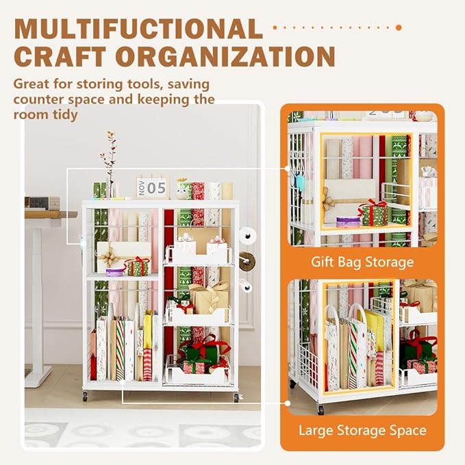 Wrapping Paper Organizer Storage with Wheels, Rolling Gift Wrap Cart with Ribbon and Gift Bag Storage, Craft Organization with 20 Roll Holders and 3 Drawers, White