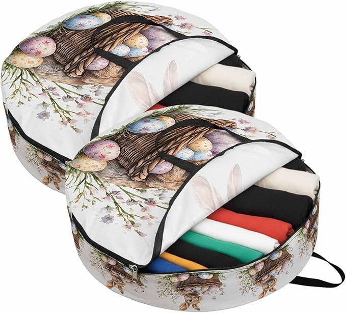 30 Inch Round Storage Bag 2 Pack,Easter Bunny Egg Basket on White Waterproof Wreath Storage Container with Handles&Zipper Spring Pastoral Plant Closet Organizer Bags Garland Box