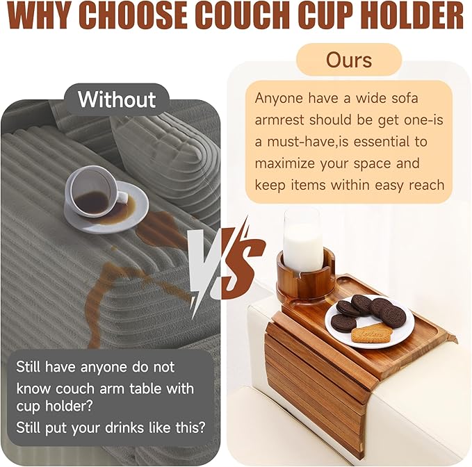 SINWANT Couch Cup Holder Tray,Acacia Wood Sofa Arm Clip on Tray Table with 360° Rotation Cup Holder,Foldable Anti-Slip Couch Armrest Table for Coffee Mug,Water Bottles,Snacks,Remote on Large Armrest
