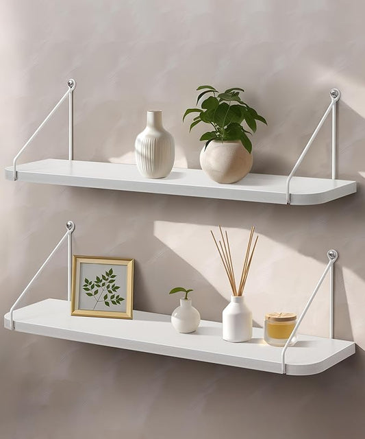 Afuly White Floating Shelves, 24 inch Long Shelves for Wall, Hanging Storage Shelf for Kitchen Bedroom Living Room, Wood Chic Wall Decor, Set of 2