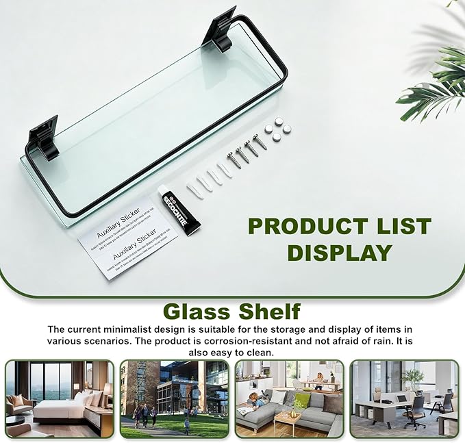 AIJALY 2 Pack Bathroom Glass Shelf,15.7 Inches Black Bathroom Shower Glass Shelf Wall-Mounted, Metal Storage Floating Kitchen Shelf