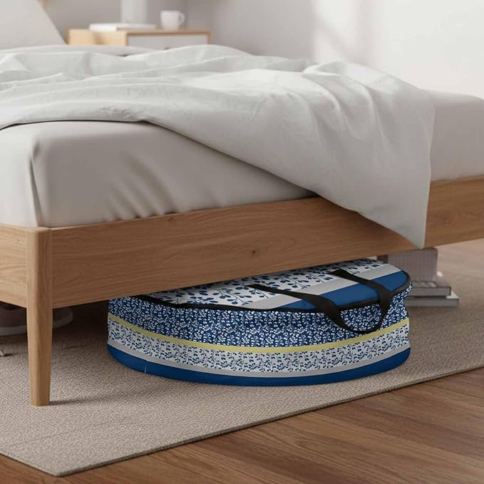 Storage Bag Blue Yellow Leaves Round Storage Totes Bins Closet Organizers with Zippers & Handle Stitching Stripes Clothes Storage Container for Bedroom Dorm Space Saving Packing Supplies Moving Bags