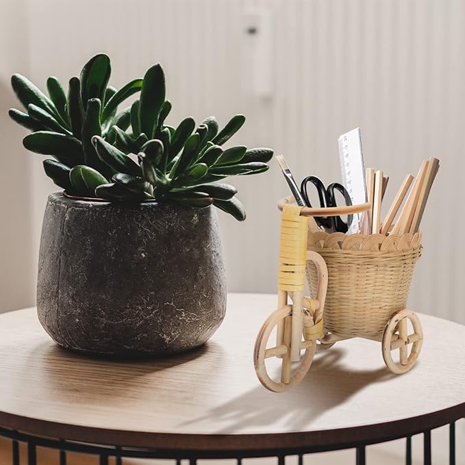 Mini Tricycle Woven Storage Basket for Home Decor Handcrafted Bamboo Organizer for Pens Flowers and Sundries Elegant Design for Office and Party Arrangements