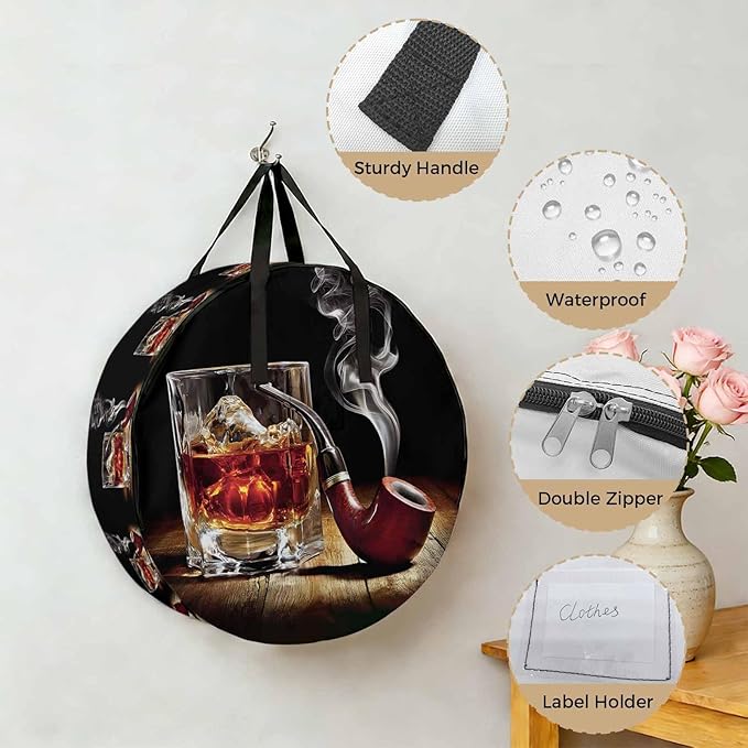 Storage Bag Whisky Glass Round Storage Totes Bins Closet Organizers with Zippers & Handle Wine Old Fashioned Cigarettes Clothes Storage Container for Bedroom Dorm Space Saving Packing Supplies Bags