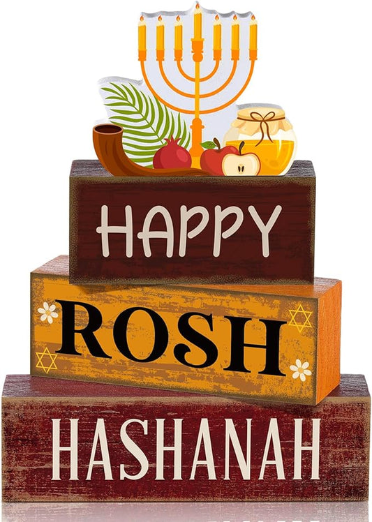 4 Pcs Rosh Hashanah Tables Decorations Happy Rosh Hashanah Wooden Tabletop Jewish New Year Party Decorations Rustic Block Centerpieces Sign for Gift Crafts Home Desk Shelf Shana Supplies