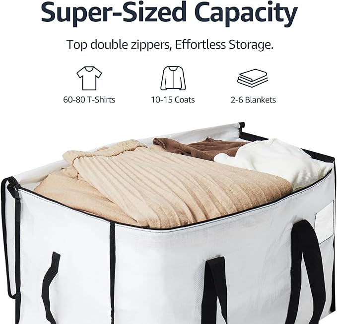 Moving Bags Heavy Duty Extra Large, Moving Boxes, Moving Supplies Essentials, Blue Storage Bins with Lids, Plastic Packing Totes, Storage Bags for Clothes with Handles & Zippers(White, 4 Pack)