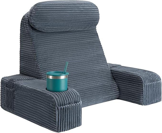 AS AWESLING Reading Pillow for Adults, Back Pillow for Bed Sitting Up, Backrest Pillow for Sitting in Bed, Detachable Arms with Built-in Cup & Phone Caddy (Dark Gray-Corduroy, 19 INCH)