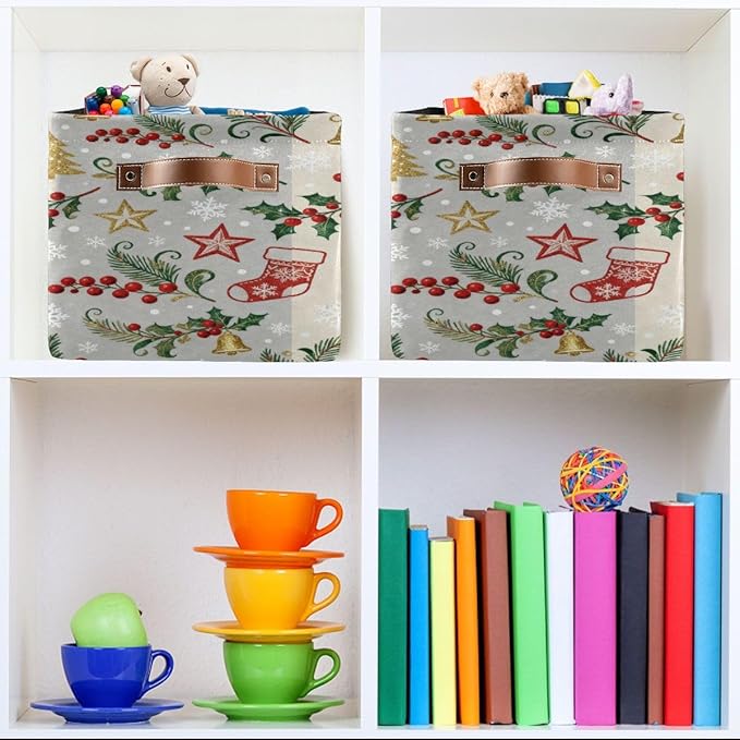 Christmas Storage Baskets, Canvas Collapsible Bins with Holiday Pattern, 14.2x10.2x8.3 Inches, Decorative Organizers with Handles for Home Organization