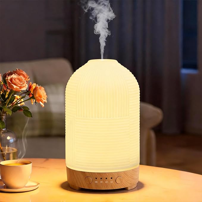 200ml Ultrasonic Essential Oil Diffuser,Aromatherapy Diffuser with 9 Color,2h/4h/6h Time,Ceramic Diffuser Oil Machine,Auto Shut-Off,Aroma Oil Diffusers for Home,Bedroom,Office