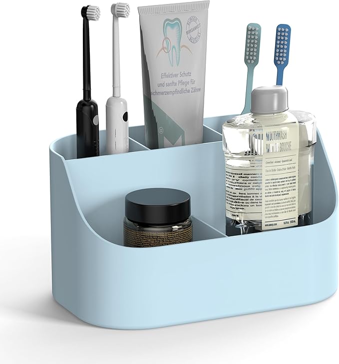 Countertop Toothbrush Holders for Bathrooms, Plastic Toothpaste and Electric Tooth Brush Holder Storage Caddy Stand for Shower, 5 Slots Cute Kids Bathroom Counter Organizer for Vanity, Light Blue