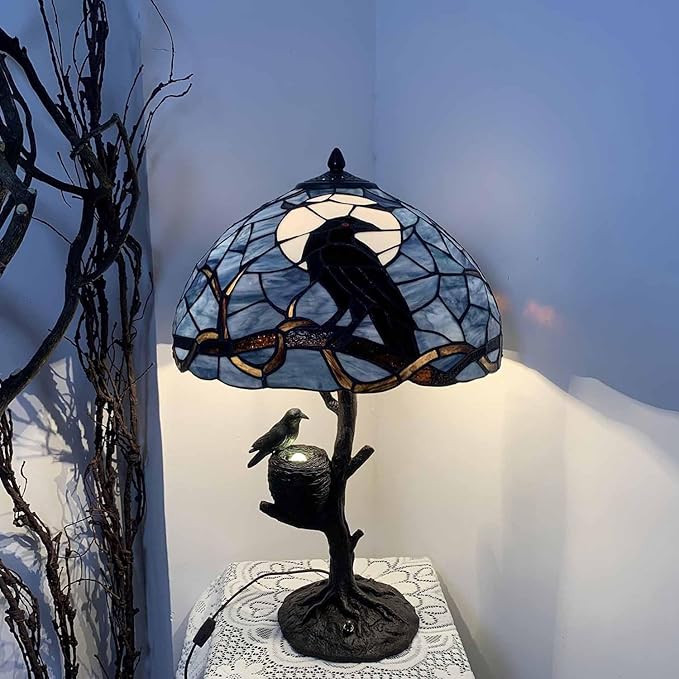 Bieye L10968 Raven Sitting on Bare Tree Branch in Full Moon Night Tiffany Style Stained Glass Table Lamp for Home Decor (Dark Blue, 16Wx24H Nest)